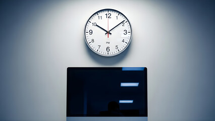 Wall clock hanging above computer monitor in modern office representing deadline