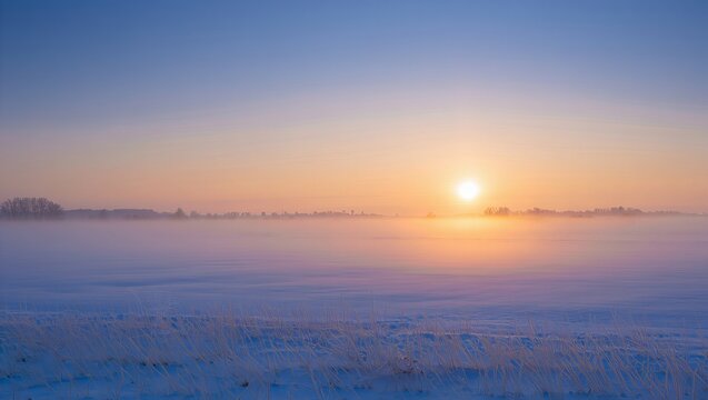 Frosty winter sunrise over a misty field with soft pastel colors, glowing sun, icy grass and atmospheric haze creating a calm, dreamy landscape. - Powered by Adobe