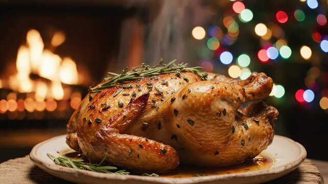 Festive roasted chicken dish with flames in background, ready for holiday season, delicious dinner for celebration atmosphere no commas or any special symbols at the end