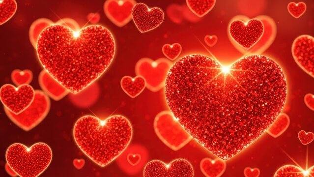 Sparkling Red Hearts Floating on a Romantic Background