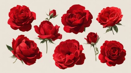 Fototapeta premium Multiple red roses arranged in different styles on a light background. The flowers vary in size and shape capturing the natural beauty of the roses.
