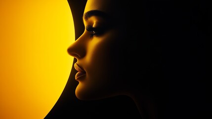 Woman's face is illuminated by golden light with a black background, showcasing profile details and elegant features.