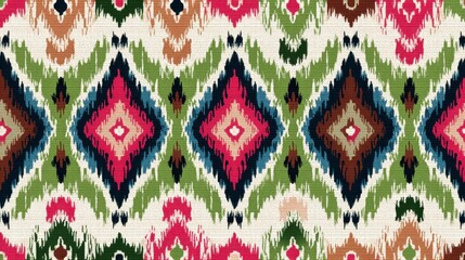 This fabric features a repeating pattern of diamonds and shapes in vivid colors such as pink green brown and blue. The design is rich and eye catching suitable for various crafts.