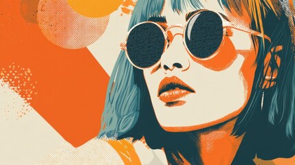A woman wears round sunglasses while a colorful graphic design surrounds her. The scene captures a bold and artistic expression. The setting suggests a lively and modern atmosphere.
