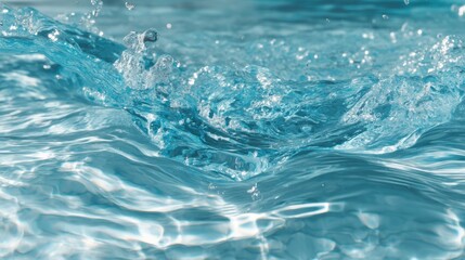 Water splashes in a clear blue pool during the afternoon. Sunlight shines on the water creating reflections and movement. Bubbles form as water rises and falls.