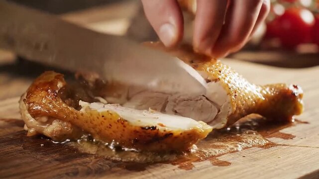 Close-up of a chef slicing a perfectly roasted chicken leg on a wooden cutting board with cherry tomatoes in the background steam rising from the
