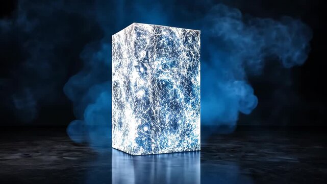 Ice Cube with Mysterious Aura: A glistening ice cube stands in a mysterious atmosphere, its cool and refreshing exterior contrasts with the ethereal blue aura surrounding it.
