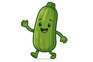 Obraz premium Zucchini cartoon mascot character walking and waving, smiling happily, fresh organic vegetable illustration
