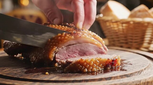 Crispy Golden Duck Being Sliced on Wooden Board with Soft Warm Lighting and Basket of Bread in Background