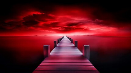 Wooden pier stretches toward a crimson horizon over still waters under a sky filled with red clouds.