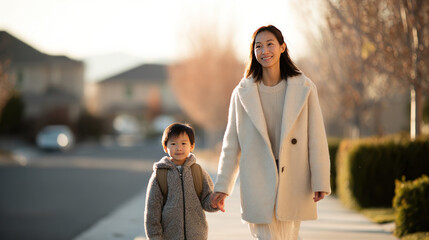 Fototapeta premium Mother and child walking to school on chilly morning 