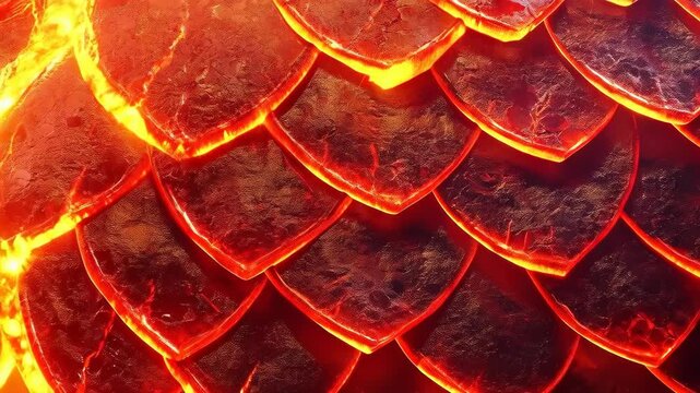 Fiery Dragon Scales: A close-up view reveals a mesmerizing pattern of fiery dragon scales, their textures radiating heat and intensity, evoking mythical lore and fantasy