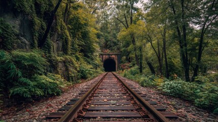 Train tracks run straight towards a dark tunnel in a forest. Tall trees and green plants line both sides of the tracks. The scene shows early morning light filtering through the foliage.