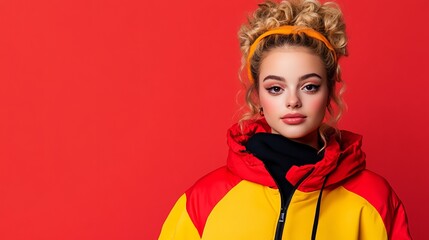 Young woman gazes forward wearing a red and yellow jacket with a headband against a solid red background.