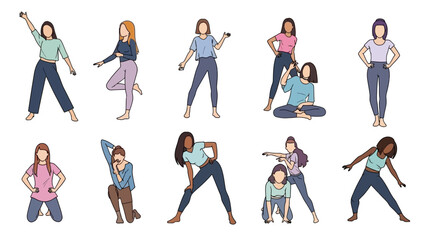 Diverse group of women demonstrating various dynamic poses perfect for fitness instruction or dance choreography guides