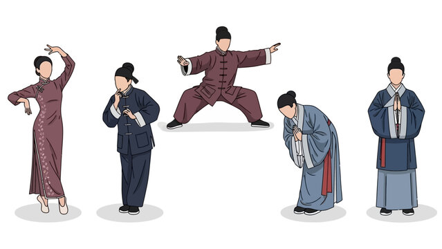 Diverse Chinese cultural expressions, showcasing traditional clothing, martial arts, dance, and respectful greetings for cultural projects and global communication