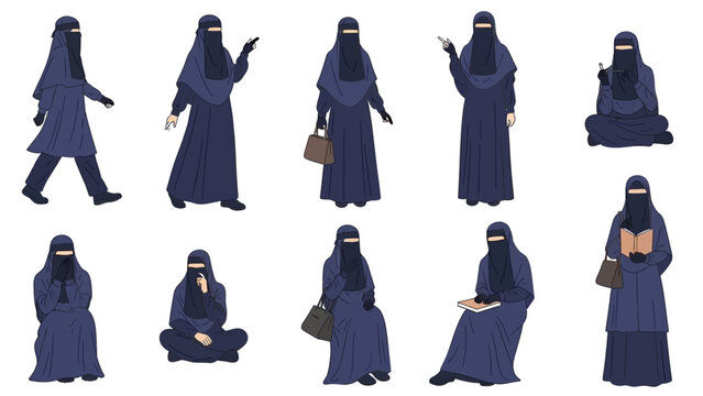 Collection of Muslim women wearing niqab and abaya showing diverse daily activities and poses