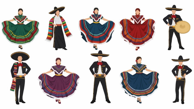 Vibrant collection of diverse Mexican folk dancers showcasing beautiful traditional Jalisco ballet folklorico costumes