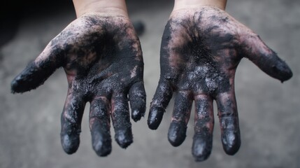 Two hands show signs of dirt and grime from a task involving soil or mud in an outdoor space. The hands are open and palms up revealing the extent of the mess.