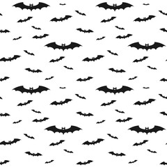 Flying scary black silhouettes bats on white background, Halloween pattern. Vector illustration
