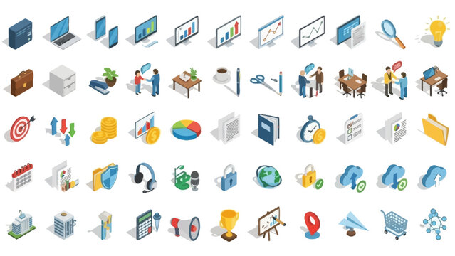A comprehensive isometric icon set illustrating modern business concepts, digital technology, financial growth, and communication solutions for professional projects and creative graphic design