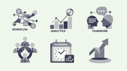 Business process icons depicting workflow, analytics, teamwork, planning, and growth