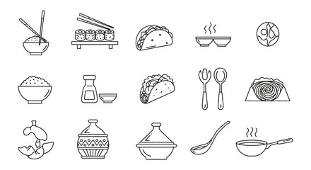 International cuisine icons diverse foods from around the world highlighting culinary traditions suitable for a cooking blog or recipe website showcasing global flavors.