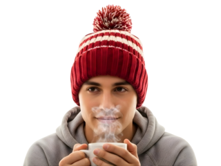 Winter Warmth: Man Enjoying Hot Drink Wearing Striped Beanie