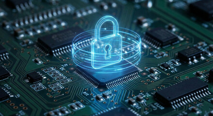Digital Cyber Security Padlock Hologram on Microchip