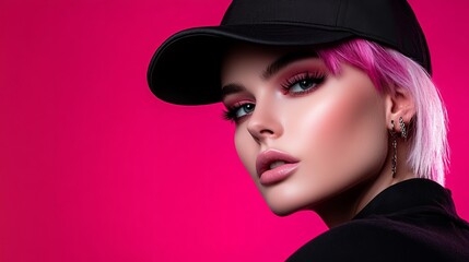 A young woman with pink hair and a black cap looks provocatively at the camera against a pink background.