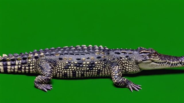 A full body shot of a crocodile with dark scales lying on a solid green colored background plane view crocodile green screen video