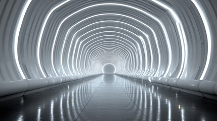 Obraz premium A long tunnel features bright lights along the sides. The floors are shiny and reflect the light. The end of the tunnel fades into bright light suggesting a destination.