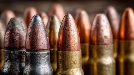 Collection of various bullets arranged closely with different colors and finishes in a detailed view on a flat surface