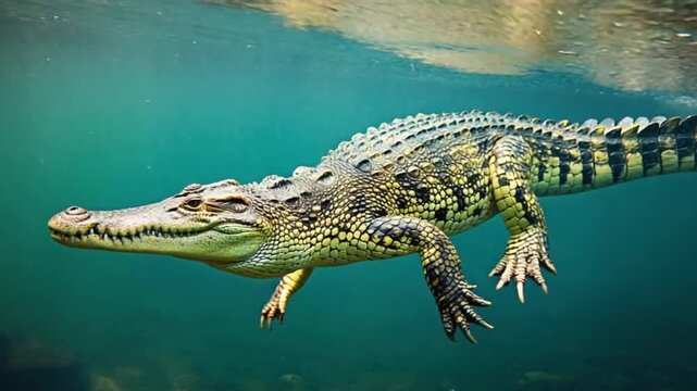 A crocodile swimming underwater in a blue environment with sunlight shining through the surface crocodile green screen video