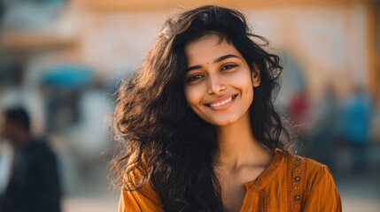 A young woman stands outdoors smiling at the camera with soft sunlight illuminating her face. People are seen in the background creating a lively atmosphere.