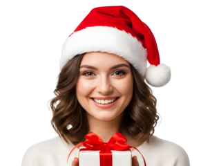 Christmas Gift Woman Portrait Smiling Santa Hat Present Holiday Season