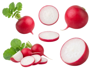 Whole and sliced radishes isolated on transparent background