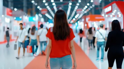 Navigating the Marketplace: A woman immersed in the bustling atmosphere of an expo or trade show, surrounded by a crowd of people. Capturing the energy of a vibrant commercial environment