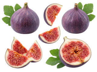 Whole and sliced figs isolated on transparent background