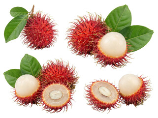 Whole and peeled rambutans isolated on transparent background
