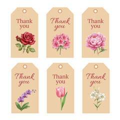 Watercolor Thank You Gift Tags with Elegant Flower Blooms