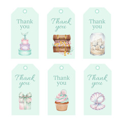 Watercolor Thank You Gift Tags with Sea Shells and Pearl