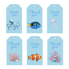 Watercolor Thank You Gift Tags with Sea Life Creatures