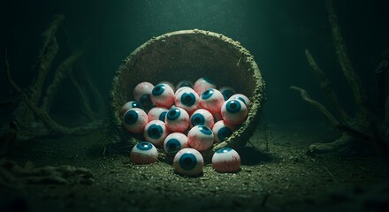 Eerie Bowl of Eyeballs in Dark, Submerged Setting