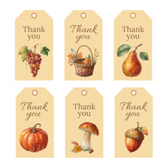 Watercolor Thank You Gift Tags with Autumn Harvest Elements
