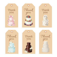 Watercolor Thank You Gift Tags with Wedding and Celebration Cakes