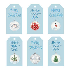 Watercolor Merry Christmas and Happy New Year Gift Tags