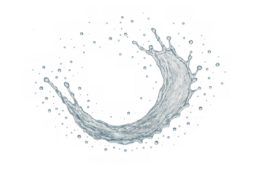 Water splash arc creating a dynamic liquid wave with droplets, clean pure aqua fluid motion, transparent background