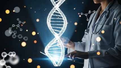 Scientist interacting with a glowing holographic dna double helix structure in a dark, futuristic laboratory setting, symbolizing genetic research and biotechnology - Powered by Adobe