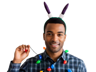 Happy Young Man Wearing Holiday Lights and Bunny Ears Headband Celebrating